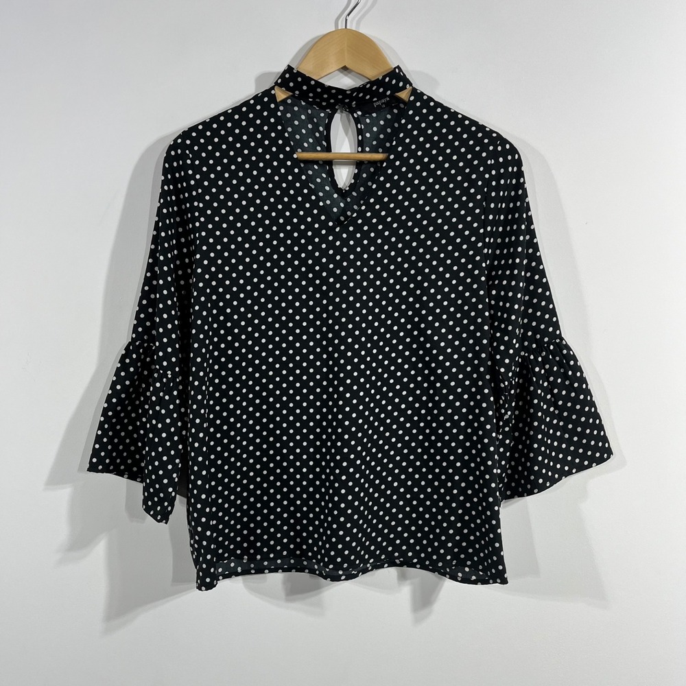 Papaya Euro Summer Retro Polka Dot Bell Sleeve Top High Neck Womens 12 Old Money